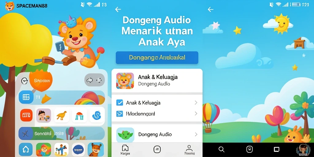 Antarmuka SPACEMAN88 menampilkan koleksi cerita audio yang ceria.